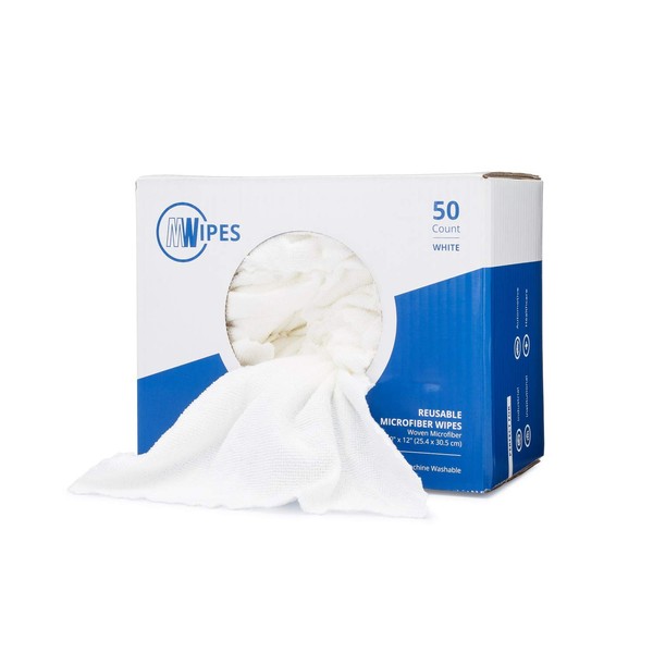 Microfiber Rags in A Box (50 Count) - Mwipes - 10" x 12" Reusable Wipes for Cleaning - Edgeless Terry Towels, Shop Rags, Wash, Dust, Disposable, House, Small Cleaning Cloths (White)