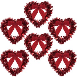 Red Valentine Heart Wreaths for Front Door Heart Shaped Wreath Tinsel Heart Decor with Bowknot 12 Inch Hanging Valentine's Day Wreath for Anniversary Wedding Wall Window Mantel (6 Pieces)