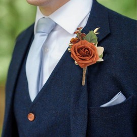 Rinlong Set of 6 Terracotta Boutonniere for Men Wedding Groom Burnt Orange Boutonniere Fall Rusitc Groom’s Buttonhole Groomsmen Accessories