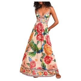 SOLY HUX Women's Sundresses Summer Floral V Neck Flowy Maxi Dress Party Vacation Cami Dresses Beige Floral Small