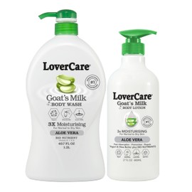Lovercare Goat Milk Body Lotion for Dry Skin Aloe Vera 27.05oz (800ml) - Combo Body Lotion & Body Wash…