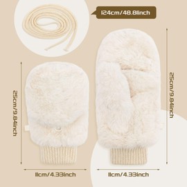 UILYNIU Women's Mittens, Half Finger Gloves with Cap, Warm Winter Gloves, Faux Fur Gloves, Half Finger Mittens, Thermal Gloves, Fingerless Gloves, Winter Gloves Women, White