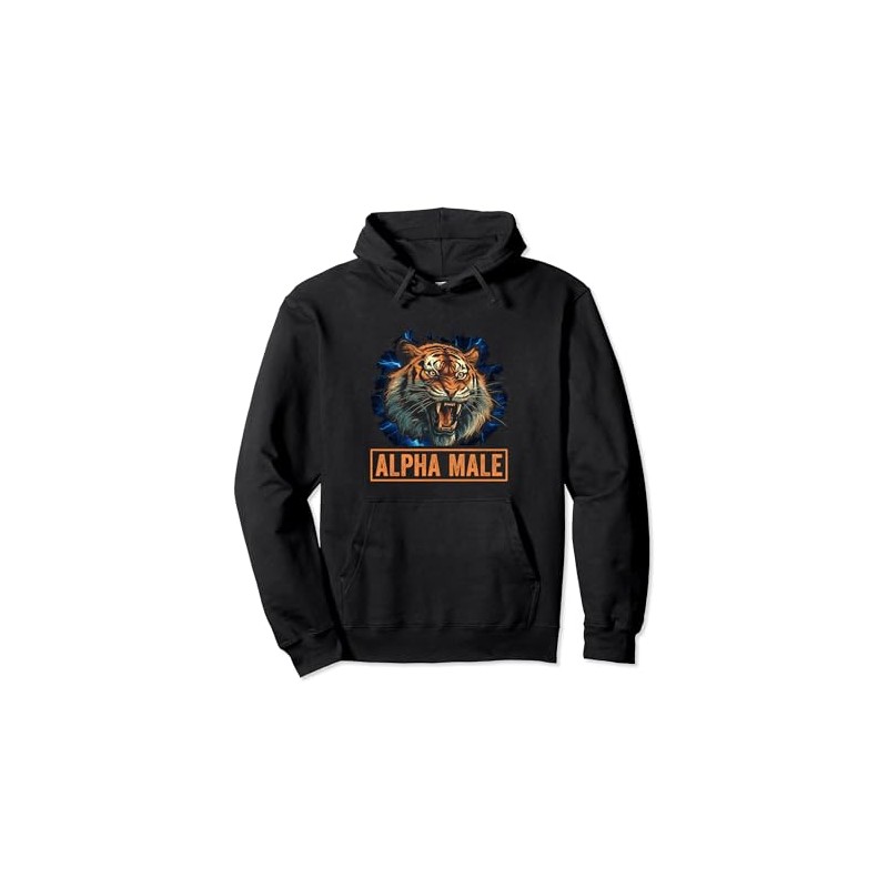 Alpha Male Funny Men's Tiger Lion Pullover Hoodie, black