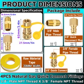3/8 Inch Quick Connect Hose Fittings,Propane Quick Connect Fittings 3/8 Quick Connect Fittings 100% Solid Brass LP Gas Propane Hose Quick Disconnect Kit 3/8'' Male NPT Thread X 3/8'' Female NPT Thread