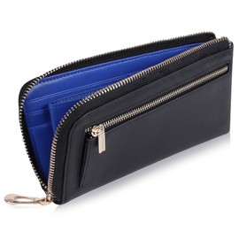 VISOUL Wallet Genuine Leather Bill Compartment, Card Coin Purse, 2-fold, Skimming Prevention, License Holder, Large Capacity, Popular, Made by Leading Leather Artisans with L-Shaped Zipper, black.navy