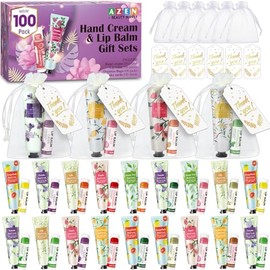 AZEN 100 Juegos de Regalos al Por Mayor, Conjunto al Por Mayor de Crema de Manos y Bálsamo Labial con Bolsa de Organza y Tarjeta de Agradecimiento, Re