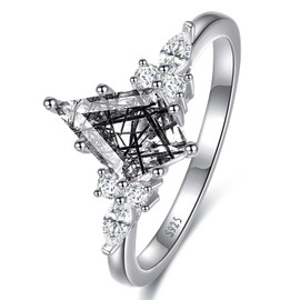 OLIVIASO Kite Cut Black Engagement Ring Black Rutilated Quartz Ring 925 Sterling Silver Marquise Cut Cubic Zirconia Wedding Ring for Women Size 8