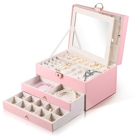Emazerom 3 Layer Jewelry Boxes Large Jewelry Holder Organizer Case with 2 Jewelry Organizer Drawer PU Earring Organizer Lockable Upgrade Mirror Gifts for Mom Wife，Pink