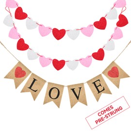 jijAcraft Valentines Burlap Banner with Felt Heart Banner for Valentines Day Décor, Pre-Assembled Rustic Love Hanging Banner & 24pcs Felt Heart Garland Banner Decor for Mantle Fireplace Wall
