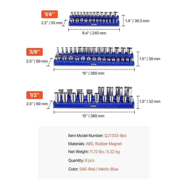 Magnetic Socket Organizer Set 8PCS Socket Trays Blue & Red