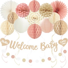 Boho Baby Shower Decorations for Girl, Pre-Strung Welcome Baby Banner with Honeycomb Balls, Paper Flowers, Lanterns, Fans, Hanging Swirls, Circle Dots Garland for Girl Baby Shower Decorations 24pcs