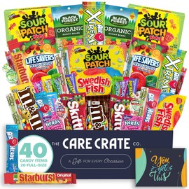 Encouragement Candy Snack Box (40 Full Size Variety Gift Basket Care Package) M&Ms, Starburst, Swedish Fish, Skittles, Chocolate, Gummy Bears & More - The Care Crate Co.