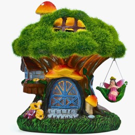TERESA'S COLLECTIONS Garden Ornaments Outdoors, Solar Green Tree House with Swinging Fairy, Waterproof Resin Fairy House Ornaments, Indoor Outdoor 13CM