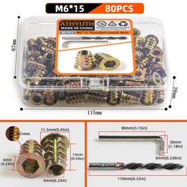ATHYUTH Threaded Inserts for Wood, 80 Pieces Zinc Alloy Thread Inserts Nuts for Soft Wood, Hex Socket Flanged Threaded Wood Inserts M6*15mm Screw Inserts for Wooden Forniture