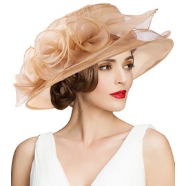 RZTA Women's Kentucky Derby Church Dress Hat Wide Brim Leaf Flower Bridal Shower Hat A1 Gold