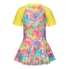 Big Girls One Piece Swimsuits Skirted Bathing Suits for Kids Girls Swim Dress Short Sleeve Hawaiian Swimwear Yellow Fireworks Size 14/12-14 Years