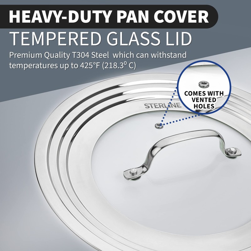 Sterline Large Universal Lid,Fits 8 -12 Inch Cookware,Tempered Glass Top