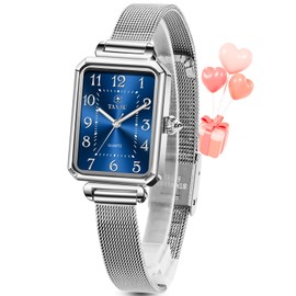 Taxau Womans Watches Silver Mesh Watch Square Blue Dial Women's Dress Arabic Numeral Easy to Read Womens Watches for Small Wrists Waterproof Dainty Female Watch Simple Casual Reloj para Mujer