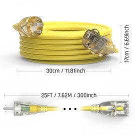 25FT 12/3 Gauge SJTW Heavy Duty Outdoor Indoor Extension Cord Waterproof, Cold Weatherproof -50°C to 60°C, 15A 1875W 3 Prong, LED Lighted Outlet with Press-Release Lock, ETL Listed