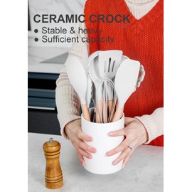 Silicone Cooking Utensils Set Heat Resistant, Nucookery Kitchen Utensils Set with Holder, Ceramic Crock Wooden Handle Non Toxic Utensils Set of 12 PCS (White)