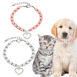 QXUJI 2PCS Dog Cat Pearls Rhinestones Necklace Collar with Bling Heart Shape Charms, Crystal Pet Puppy Jewelry Accessories, Small Dogs Cat Wedding Birthday Party Collar, White and Pink