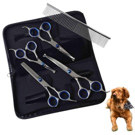 Japard Professional Dog Grooming Scissors, 5 in 1 Trimming Scissors for Dogs, Cats, Stainless Steel, Safe Pet Shears with Round Tip (Blue)