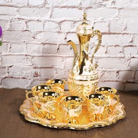 Turkish Tea Set, Turkish Teapot Set Gold Turkish Coffee Pot with 6 Coffee Cup and Tea Tray Zinc Alloy Turkish Flagon Shot Glasses Set Art Crafts Wedding Gift