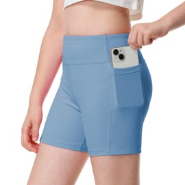ANIVIVO Girls' 4" Volleyball Biker Dance Shorts - Youth Spandex Yoga Shorts Kids Athletic Running Compression Shorts with Pockets(Blue 10-11)
