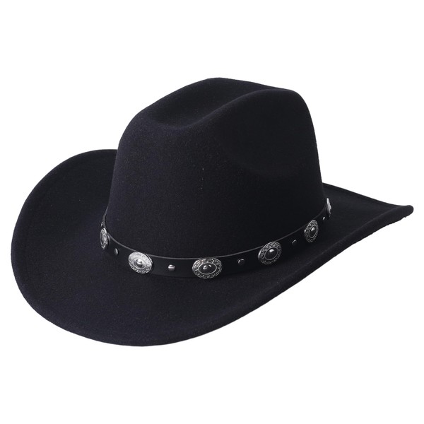 Lanzom Women Men Western Cowboy Cowgirl Hat Fedora Outdoor Felt Wide Brim Hat with Belt Buckle Fit Size 7-7 1/4(Black, Medium)