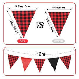 G2PLUS Burlap Fabric Gingham Bunting Banner: 36PCS Large Outdoor Triangle Flags, 10m Black and Red Vintage Bunting Banner for Birthday, Wedding, Graduation Ceremony, Garden Party Decoration