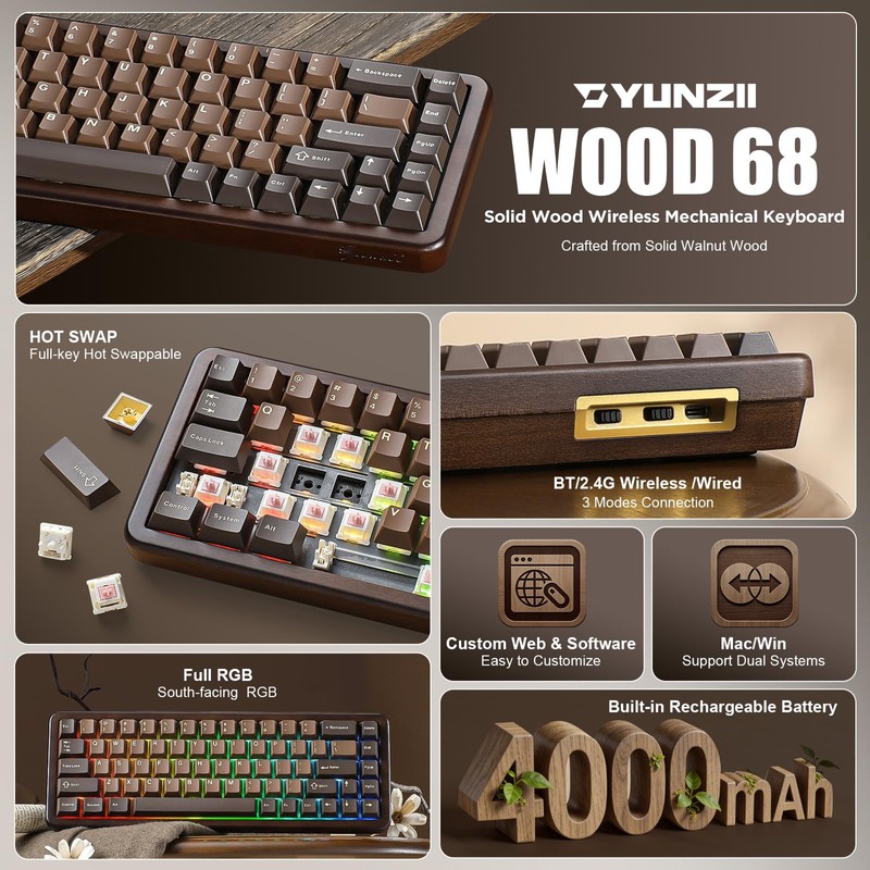 YUNZII WOOD68 65% Wireless Hot Swap RGB Mechanical Keyboard (Wood,