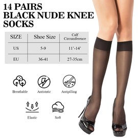 REBUCINA 14 Pairs Knee High Socks,Pop Socks Women Knee High,Knee High Tights,Black,and Natural Color Women's Knee Socks,Nylon Knee Socks,Sheer Nylon Stockings with Reinforced Toe