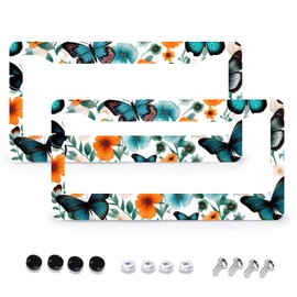 Blue Butterfly Flowers License Plate Frames Cover Holders, Car Tags Frames Holder Car Accessories 2 Pack 2 Hole Metal Aluminum License Plate Frame Decoration 12.2 x 6.3 inch for Women Men Gift