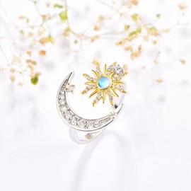 Dreamboat Gold Sun and Moon Ring for Women Sterling Silver Adjustable Rings Sun Ring Moonstone Ring Celestial Jewelry Gifts