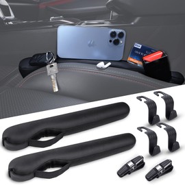 Leather Car Seat Gap Filler 2 Pack, Car Gap Filler Organizer Between Seat and Console Stop Things from Dropping, 4 Seat Hooks,2 Glasses Holders, Universal Gap Filler for Cars, SUV & Truck (Black)