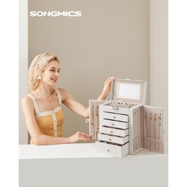 SONGMICS 6 Tier Jewelry Box, Jewelry Storage Organizer with 5 Drawers, Large Storage Capacity, with Mirror, Lockable, Jewelry Case, Gift for Loved Ones, For Watches, White UJBC152W01