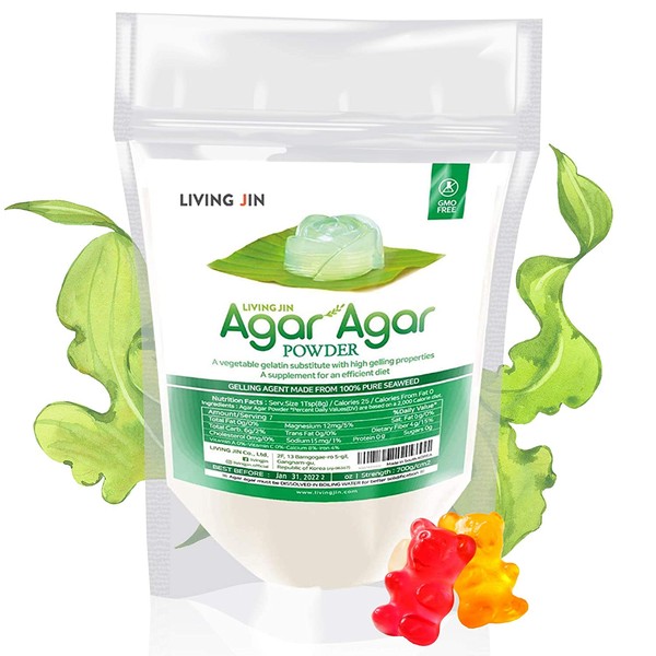 Agar Agar Powder 4oz : Gelatin Substitute, Vegan, Unflavored, Gummy bears, Cheese, Vegetarian, Gluten-free, Non-GMO, Sugar-free Kosher, Halal, Desserts, Thickener |LIVING JIN