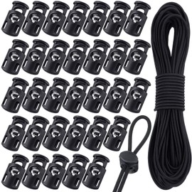 Patelai 50 Pieces Cord Locks Spring Toggles Stoppers Plastic Single Hole End Stopper Slider and 1/8 Inch 66 Feet Elastic Bungee Cord for Drawstring Shoelaces Clothing Bags(Black, Classic Style)