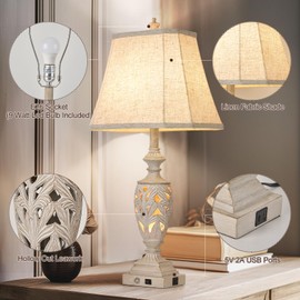 29.5"H Touch Traditional Table Lamp Set of 2,Vintage Bedside Lamp Nightstand Lamps with Dual USB and Night Light, 3-Color Hollow Out Leafwork White Washed Finish Desk Lamps for Living Room,Bedroom