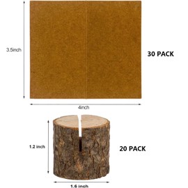 Wood Place Card Holders, 20Pcs Rustic Wooden Table Number Holders and 30Pcs Kraft Table Place Cards, Wood Photo Picture Holder, Ideal for Wedding Party Table Name and More