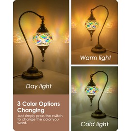Yarra-Decor Turkish Moroccan Lamp with Bronze Base 3-Way Color Changing Handmade Swan Neck Tiffany Mosaic Glass Bedside Lamps for Bedroom (LED Bulb Included) (Colorful)