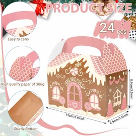 24Pcs Pink Christmas Paper Gift Boxes Gingerbread House Candy Boxes Xmas Party Favor Boxes for Winter Holidays Merry Christmas Party Packaging Supplies
