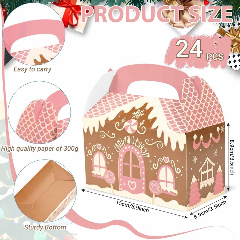 24Pcs Pink Christmas Paper Gift Boxes Gingerbread House Candy Boxes