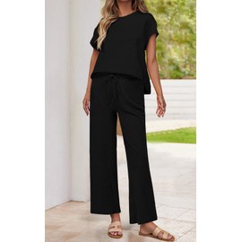 PRETTYGARDEN Women's Summer 2 Piece Outfits 2025 Casual Sweatsuit Short Sleeve Tops And Long Pants Tracksuit Lounge Set (Black, X-Large)