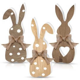 Beeveer 3 Pcs Easter Bunny Decor Wooden Rabbit Spring Decor Rustic Tiered Tray Easter Decorations Indoor Home Dining Farmhouse Sign Bunny Spice Tabletop Centerpieces with Linen Bow (Brown Series)