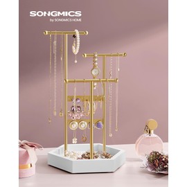 SONGMICS Jewelry Holder, Jewelry Organizer, 3 Tiers and 1 Tray, Jewelry Display Stand with Metal Frame, Necklace Earring Bracelet Holder, for Rings, Pale Gold and White UJJS003A01