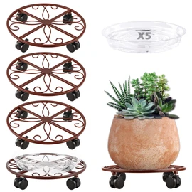 5 Pack Plant Caddy with Wheels Heavy Duty 13.5 Inch Metal Plant Stand on Wheels Plant dolly Rolling Plant Stand Plant Roller with Casters for Indoor and Outdoor with Plant Saucers, Bronze