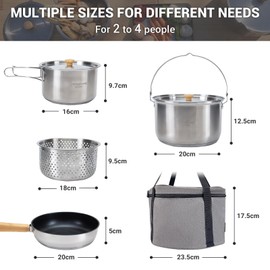 KingCamp Camping Cookware Set 304 Stainless Steel Campfire Cooking Pots Pan and Kettle with Travel Tote Bag for Camping Outdoor Kitchen Cooking Picnic for 4-6