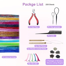 Fairy Hair Extensions Tinsel Kit, 16 Colors, 3200 Strands, 36 Inch, 7 Tool Set Accessories