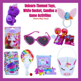 Ja'Cor Unicorn Easter Basket DIY Unicorn-Theme Gift Baskets Plastic Bucket Filled with Assorted Activities Chocolate Candy and Easter Stuffers Gift Baskets for All Occasions Care Package (White)